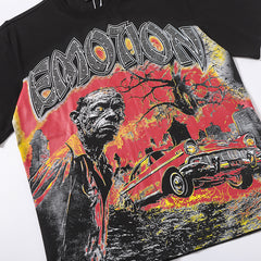 Black Mixed Emotion Vintage Fire Car Figure Double‑Sided Print Short Sleeve T‑Shirt