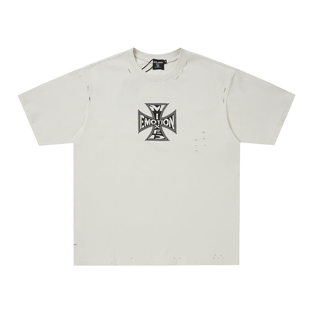 Off‑White Washed Mixed Emotion Small Cross Logo Single‑Sided Short Sleeve T‑Shirt