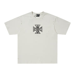 Off‑White Washed Mixed Emotion Small Cross Logo Single‑Sided Short Sleeve T‑Shirt