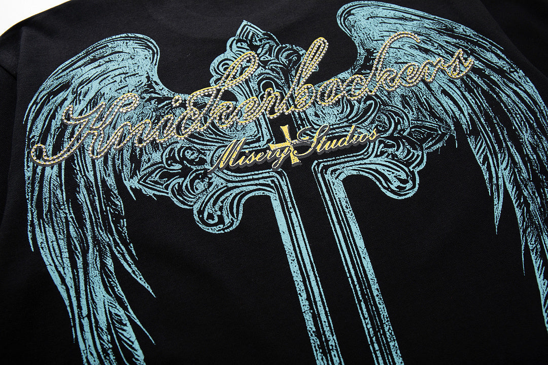 Vintage Black Alien Skull Angel Sword Double‑Sided Graphic T‑Shirt