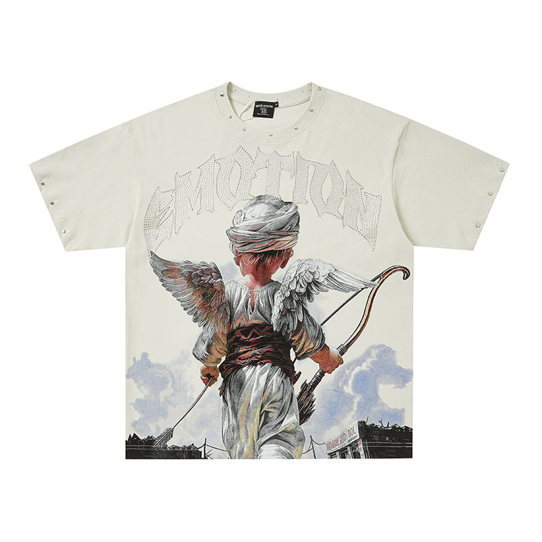 Off‑White Washed Mixed Emotion Archer Angel Single‑Sided Short Sleeve T‑Shirt