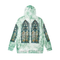 Vintage Green Tie‑Dye Stained‑Glass Church Window Zip‑Up Hoodie