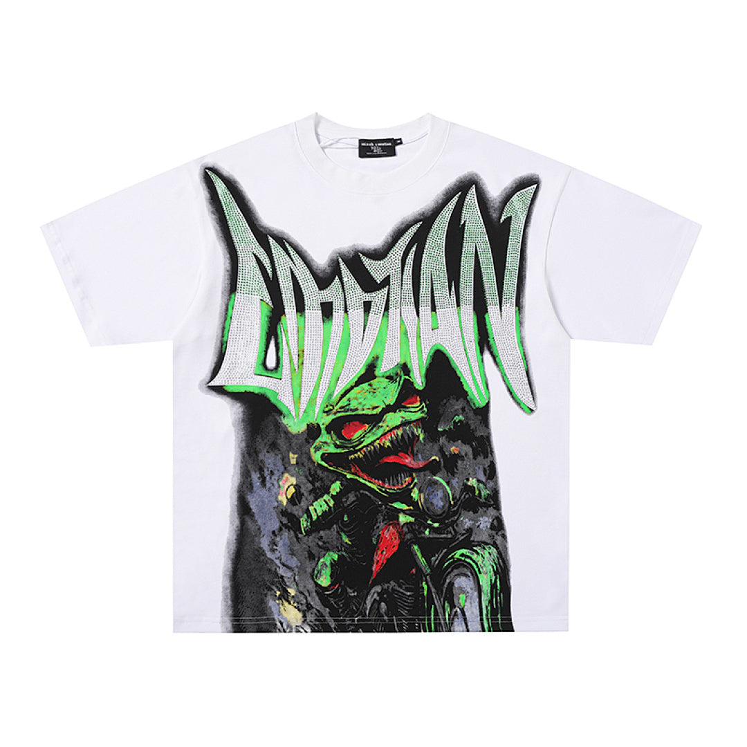 White Mixed Emotion Green Monster Venom‑Style Double‑Sided Print Short Sleeve T‑Shirt