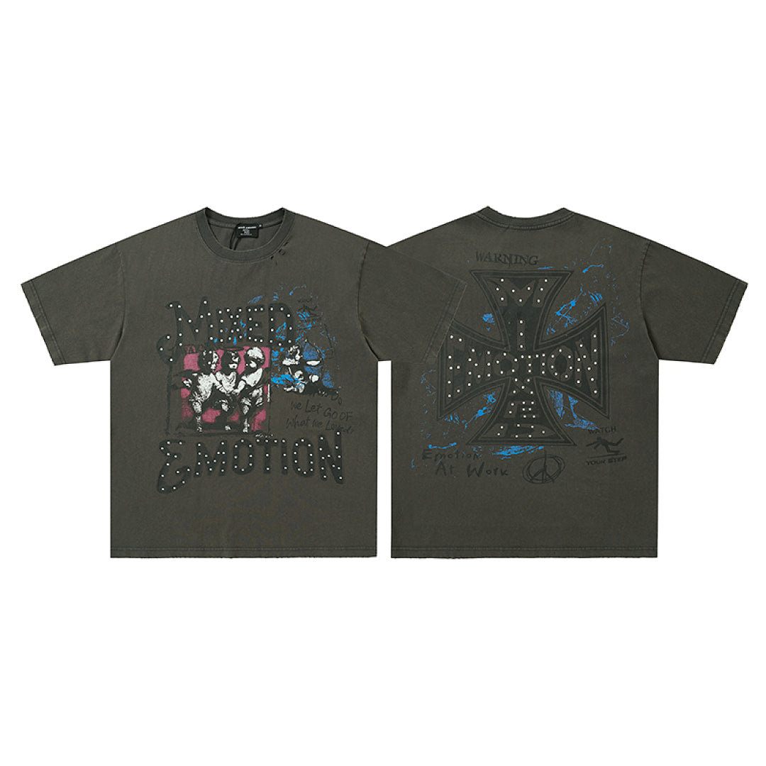 Charcoal Black Washed Cross Rhinestone Double‑Sided Graphic Short Sleeve T‑Shirt