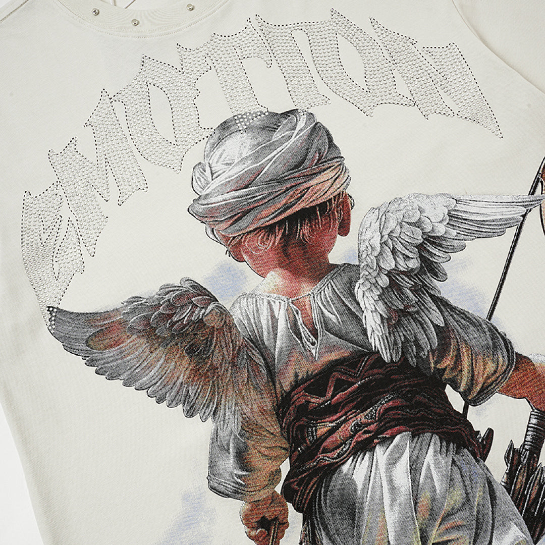 Off‑White Washed Mixed Emotion Archer Angel Single‑Sided Short Sleeve T‑Shirt
