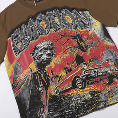 Brown Mixed Emotion Vintage Fire Car Figure Double‑Sided Print Short Sleeve T‑Shirt