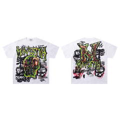 Vintage White Street Graffiti Monster Graphic T‑Shirt
