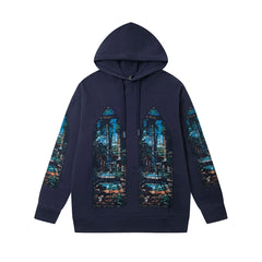 Vintage Navy Blue Church Stained‑Glass Full‑Zip Hoodie