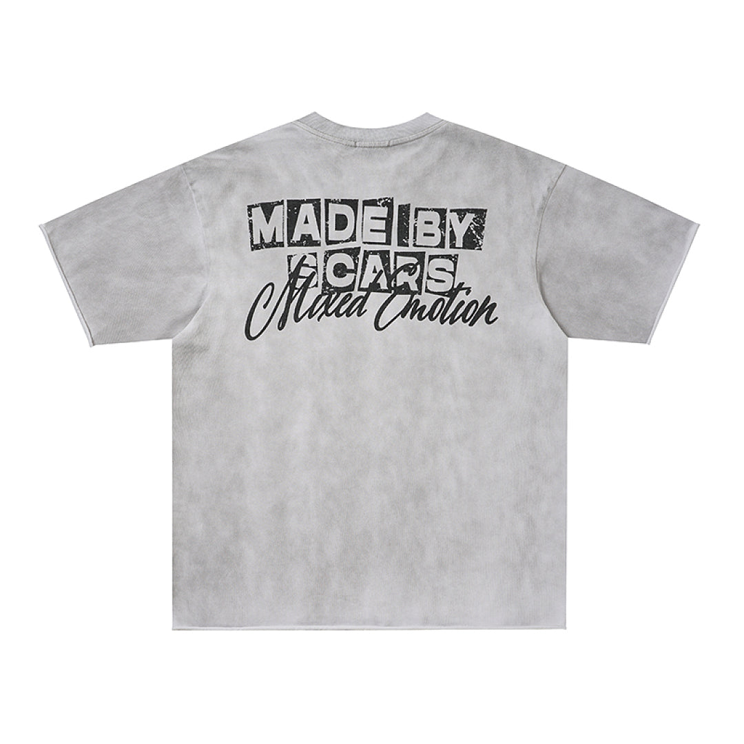 Light Gray Washed Mixed Emotion Portrait Vintage Letter Double‑Sided Short Sleeve T‑Shirt