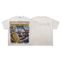 Off‑White Washed Vintage Skeleton City Tour Graphic Band‑Style T‑Shirt
