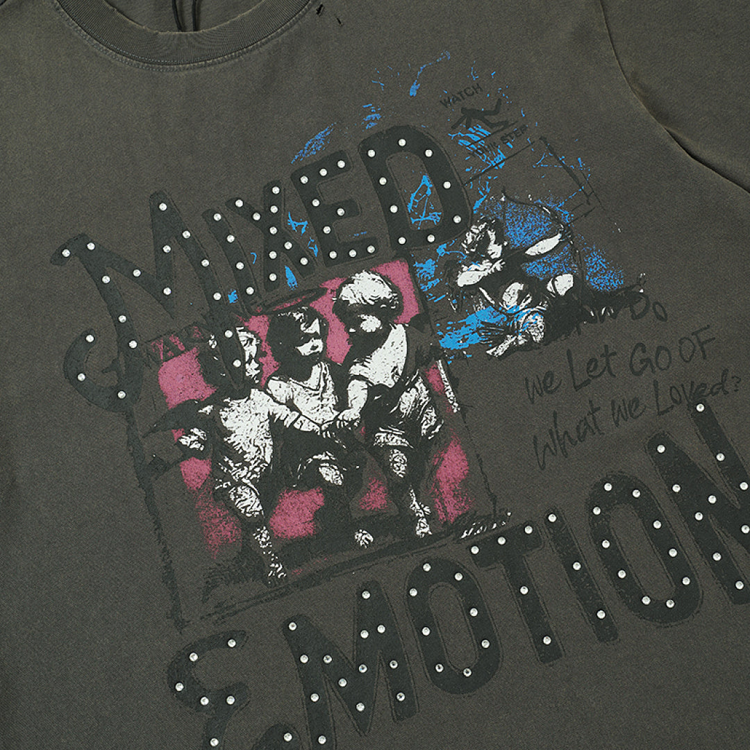 Charcoal Black Washed Cross Rhinestone Double‑Sided Graphic Short Sleeve T‑Shirt