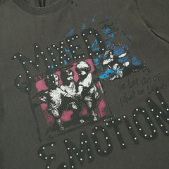 Charcoal Black Washed Cross Rhinestone Double‑Sided Graphic Short Sleeve T‑Shirt