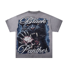 Washed Grey Black Panther Vintage Graphic T‑Shirt